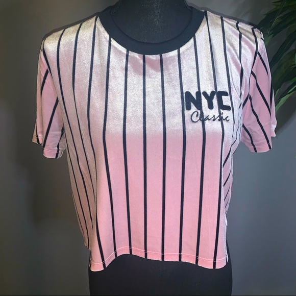 Forever 21 NYC Classic Pink Black Striped Velvet Graphic Tee - Picture 2 of 3